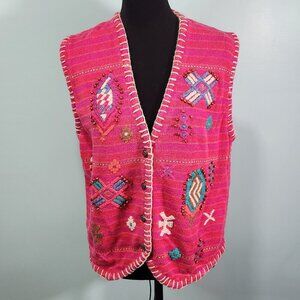 Sigrid Olsen Women Sleeveless Embroidered Beaded Knitted Vest Pink Size XL